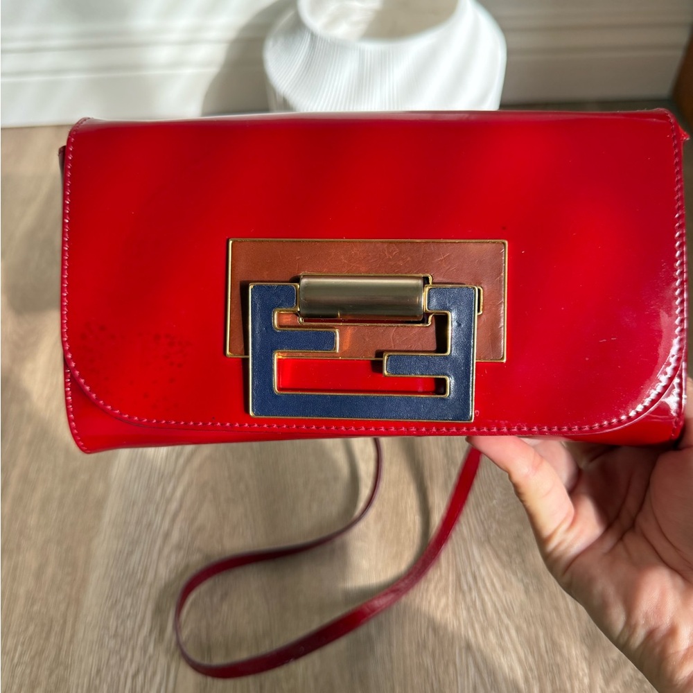 Fendi Red Leather Clutch with Gold and Blue Accent